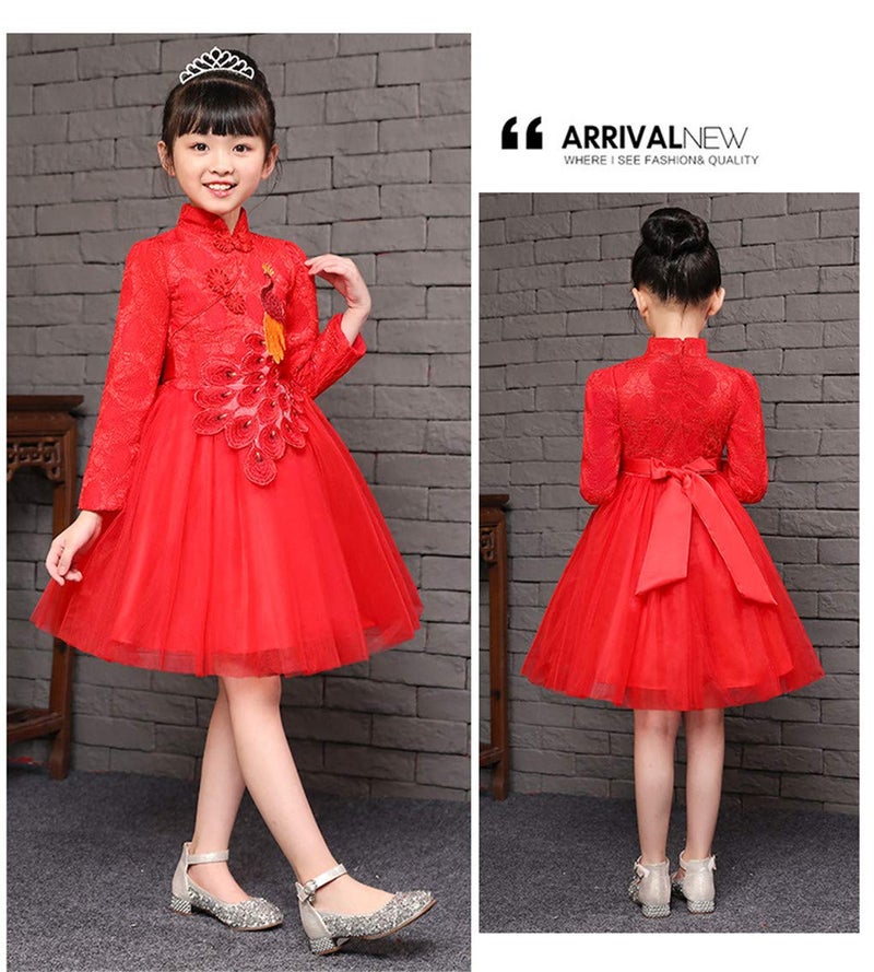ELUCKFACE Girls Chinese Cheongsam Dress - Retro Embroidery Tutu Princess Dress for Birthday, Pageant & Chinese New Year Red 9-10Years - Image 2